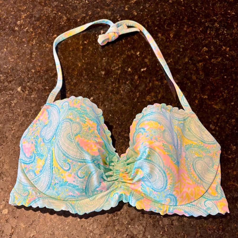 Victoria’s Secret Pastel Paisley Scalloped Halter Push-up Bikini Top NWOT Sz 36D